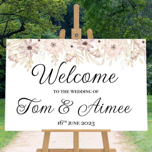 Personalised Wedding Welcome Sign Beige Flowers