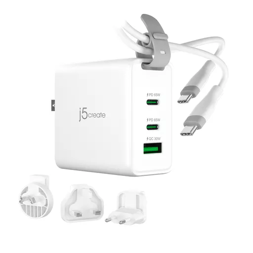 j5create 65W GaN USB-C 3-Port Traveler Charger with changeable AC plugs and USB-C cable