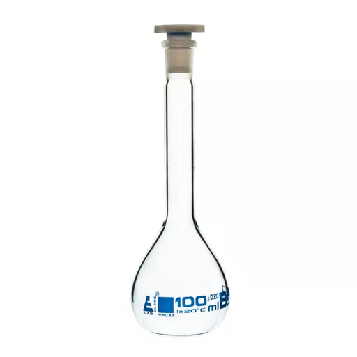 Flask, volumetric, glass, stoppered (polypropylene), class B, 100 cm3