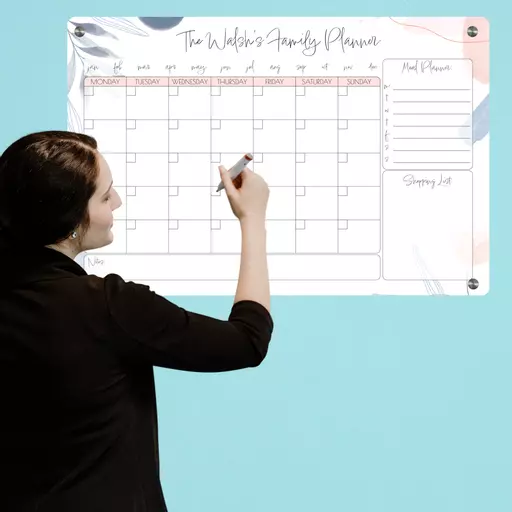 Personalised Wall Planner, Month to View with Blue Leaf Design