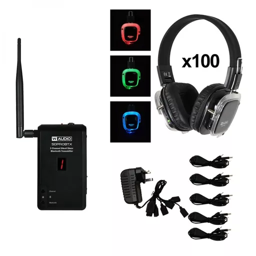 W Audio Wireless Bluetooth Silent Disco Pack x100 Headphones & Transmitter Bundle