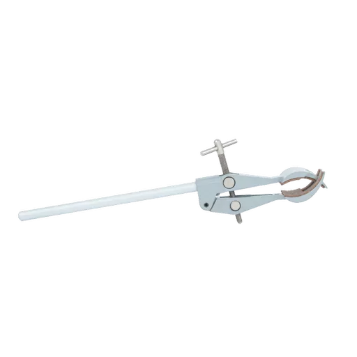 Retort clamp, cork-lined jaws, clamping tommy-bar screw-through swivels, mounted on 135 mm cast alloy rod