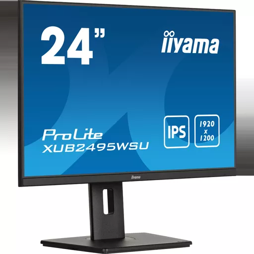 iiyama ProLite 24” 3-side borderless monitor featuring IPS (In-Plane-Switching) panel with a 16:10 aspect ratio and height-adjustable stand