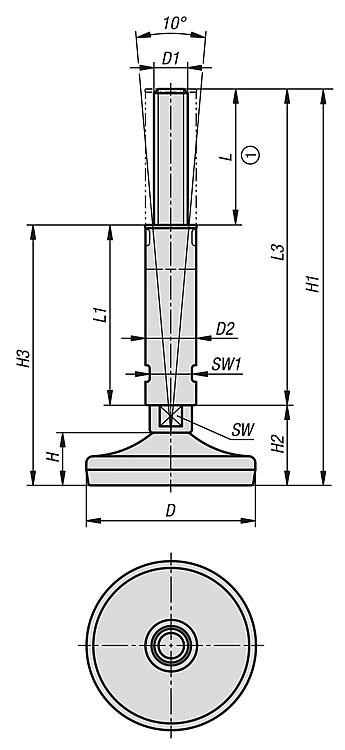 Hygienic Levelling Foot. 80mm Foot Diameter. M16x65mm Thread. Stainless Steel. Rubber Base.
