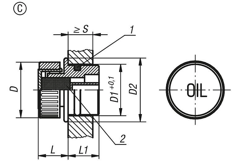 PLUG FORM:C WITH VENT AND AIR FILTER, D=30, D1=26, THERMOPLASTIC BLACK
