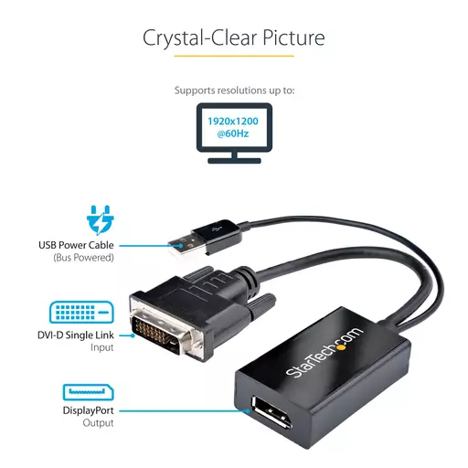 StarTech.com DVI to DisplayPort Adapter - USB Power - 1920 x 1200 - DVI to DisplayPort Converter - Video Adapter - DVI-D to DP