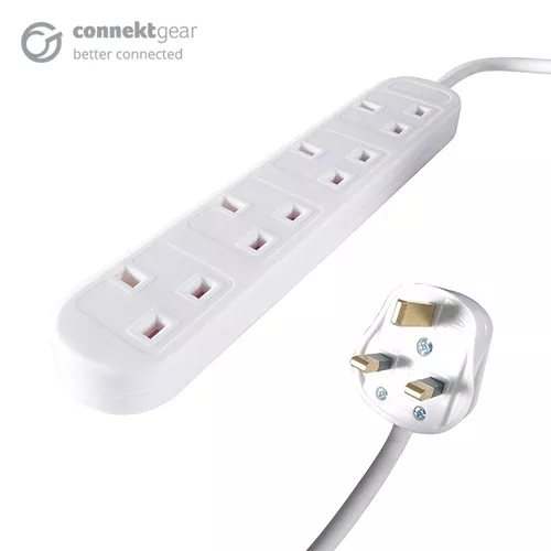 connektgear 3m 4 Way Power Extension Block - UK Plug to 4 x UK Sockets - White