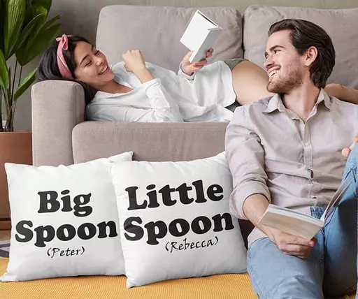 Funny 'Big Spoon' and 'Little Spoon' personalised throw pillows. custom name gift for couples