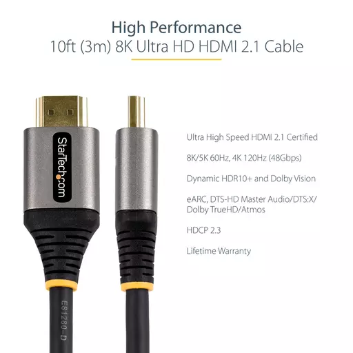 StarTech.com 10ft (3m) HDMI 2.1 Cable 8K - Certified Ultra High Speed HDMI Cable 48Gbps - 8K 60Hz/4K 120Hz HDR10+ eARC - Ultra HD 8K HDMI Cable - Monitor/TV/Display - Flexible TPE Jacket