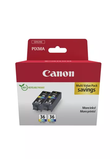 Canon 1511B025/CLI-36 Ink cartridge color twin pack, 2x249 pages 12ml Pack=2 for Canon Pixma IP 100/Mini 260