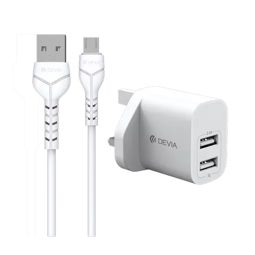 Devia - 2.4A Dual USB Plug & 1m MicroUSB Cable - White