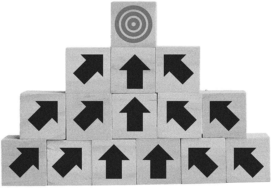 Stack of building blocks with arrows pointing to a target