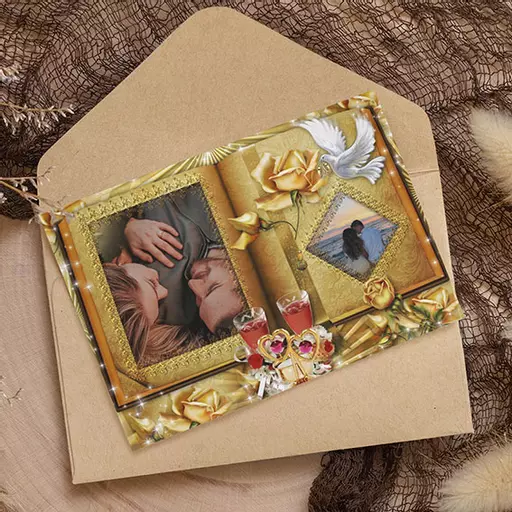 2 Photos Golden Frame - Personalised Folded Card