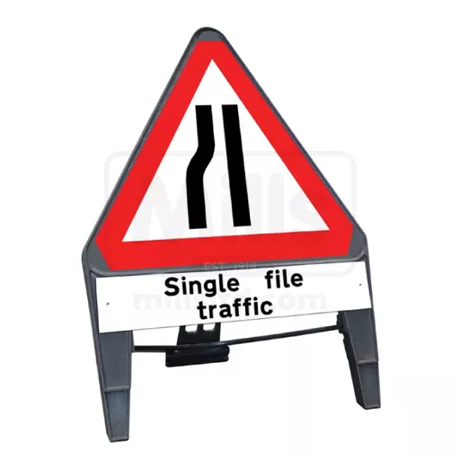Road Narrows LEFT w/ Single File Supp Plate 750mm Q-Sign