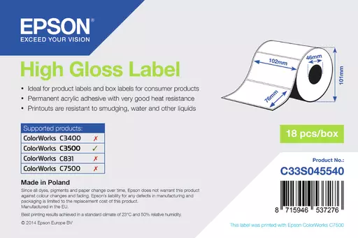 Epson C33S045540 Format-etikettes die-cut 102mm x 76m 415 Pack=1 for Epson TM-C 3500