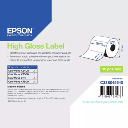 Epson C33S045540 Format-etikettes die-cut 102mm x 76m 415 Pack=1 for Epson TM-C 3500