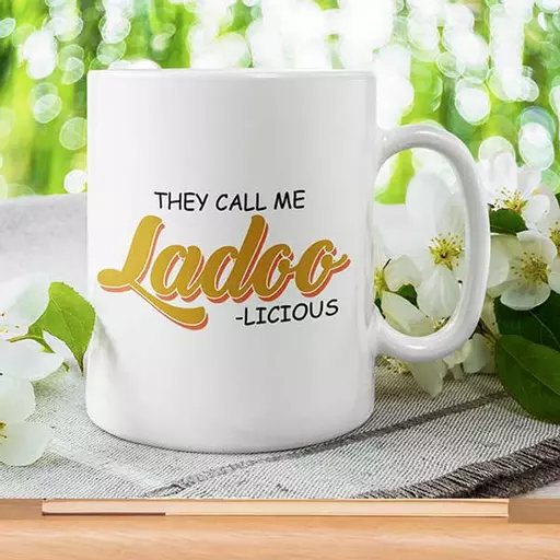 Personalised Funny 'They call me Ladoo-licious' Mug - Add Text Desi Hindi Urdu Quote Gifts