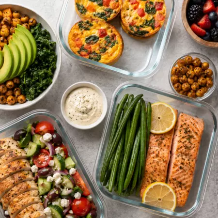 Healthy meal prep containers with air fryer meals