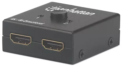 Manhattan HDMI Switch 2-Port, 4K@30Hz, Bi-Directional, Black, Displays output from x1 HDMI source to x2 HD displays (same output to both displays) or Connects x2 HDMI sources to x1 display, Manual Selection, No external power required, 3 Year Warranty