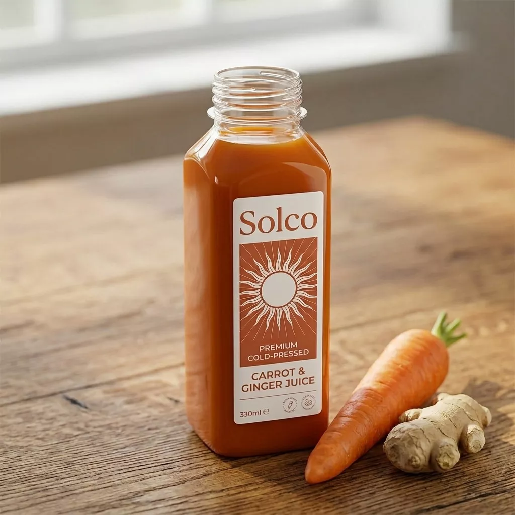 Full colour printed label on 330ml square PET juice bottle for Solco juice brand