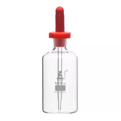 Dropping bottle, clear glass with polythene stoppers fitted with glass dropper and vinyl teat, nominal capacity 125 cm3