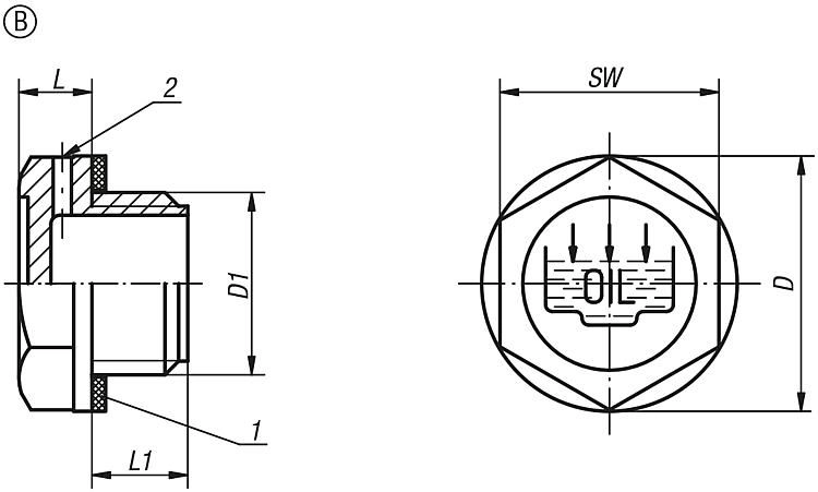Screw Plug Without Vent. With Drain Symbol. 1/4
