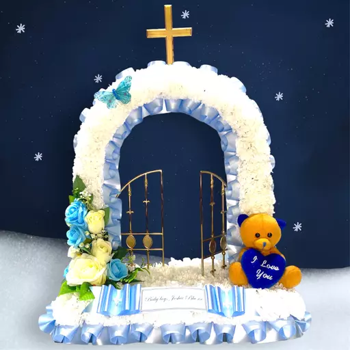 Gates of Heaven with Teddy tribute - cute - artificial flowers - memorial- baby - any colour