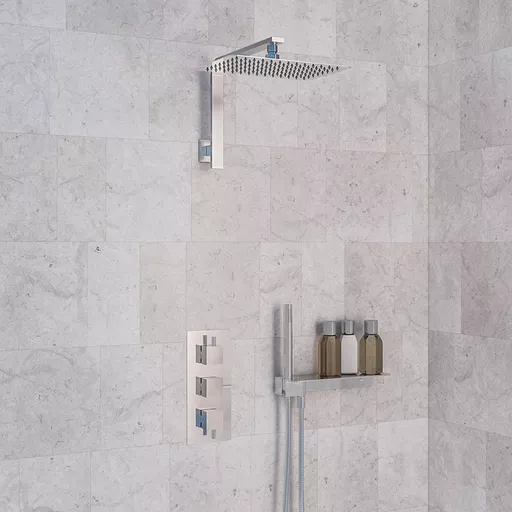 Shower Bundle: Concealed Valve, Rectangular Head, Square Arm & Shower Shelf - Chrome