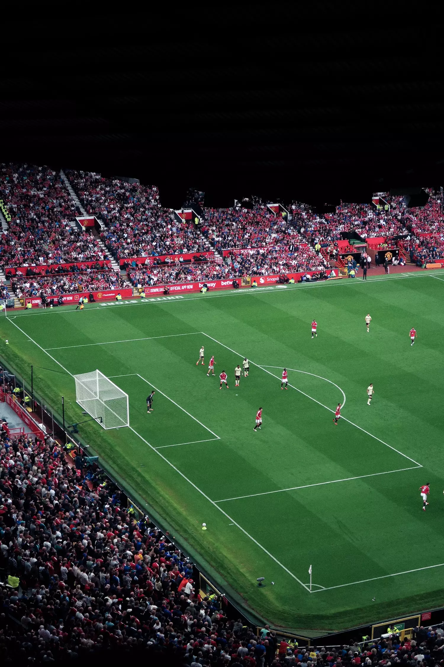 Top view inside Old Trafford football stadium watching Manchester United footballers playing against Ipswich Town