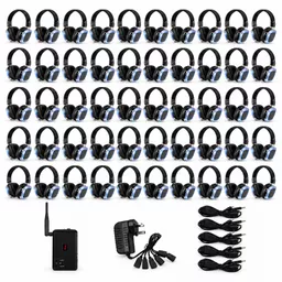 Fifty-headphone bundle with transmitter and chargers.png