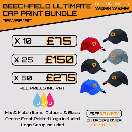 Printed Beechfield Ultimate 5 Panel Cap with Sandwich Peak Bundle