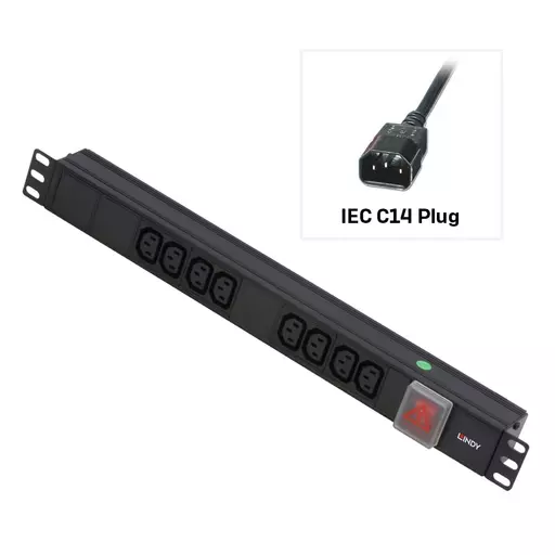 Lindy 1U 8 Way IEC Sockets, Horizontal PDU with 3m IEC Mains Cable