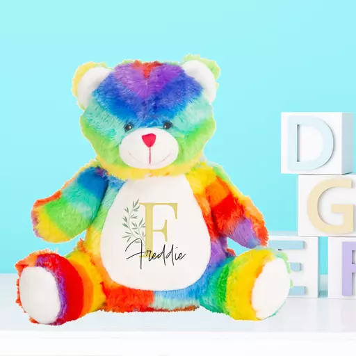 Rainbow Bear Plush Soft Toy with Yellow Initial
