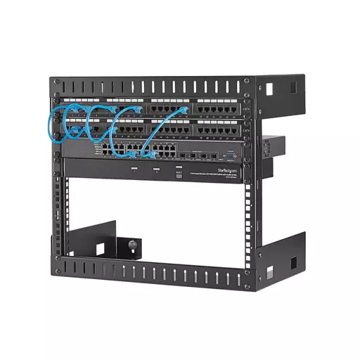 StarTech.com 8U 19" Wall Mount Network Rack - 12" Deep 2 Post Open Frame Server Room Rack for Data/AV/IT/Computer Equipment/Patch Panel with Cage Nuts & Screws 135lb Capacity, Black (RK812WALLO)