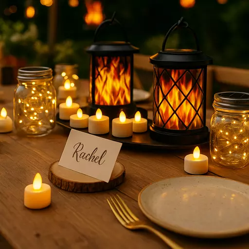 Cordless table lighting with solar lanterns and place cards at an outdoor event.