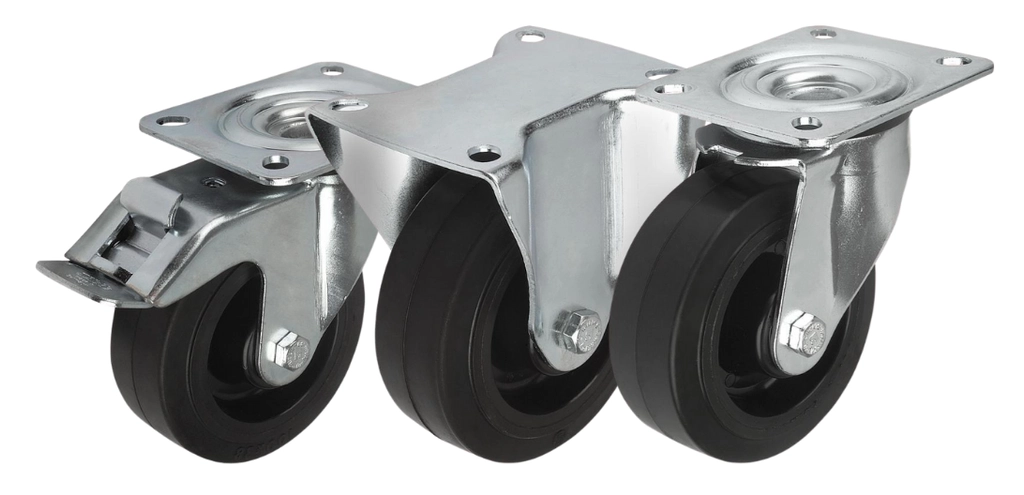 K1762 - Sheet Steel Swivel and Fixed Castors With Vulcanised-On Solid Rubber Tyres