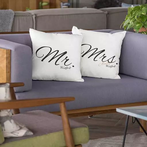 Personalised 'Mr Right & Mrs Always Right' matching couple cushions. Customise with names