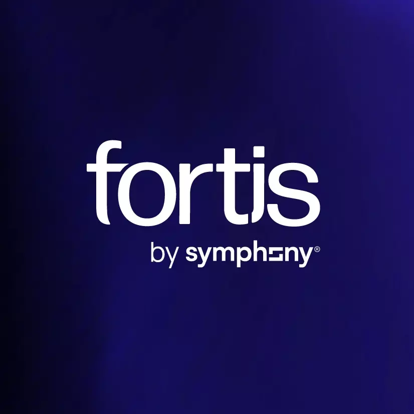 Fortis by Symphony Commerce logo in white on purple gradient background