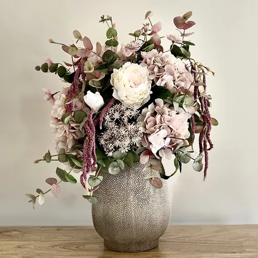 Soft Pink Hydrangea, Peony & Eucalyptus in Shagreen Pot