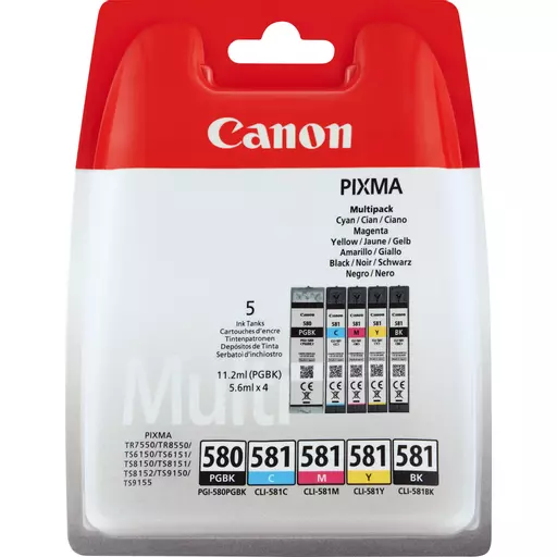 Canon 2078C005/PGI-580CLI581CMYK Ink cartridge multi pack 2x Bk + 1x C,M,Y 1x 200/1505/256/237/257 Pg Pack=5 for Canon Pixma TS 6150/8150