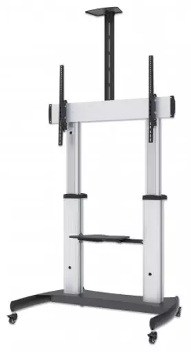 Manhattan TV & Monitor Mount, Trolley Stand, 1 screen, Screen Sizes: 60-100", Silver/Black, VESA 200x200 to 800x600mm, Max 100kg, Height adjustable 1200 to 1685mm, Camera and AV shelves, Aluminium, LFD, Lifetime Warranty