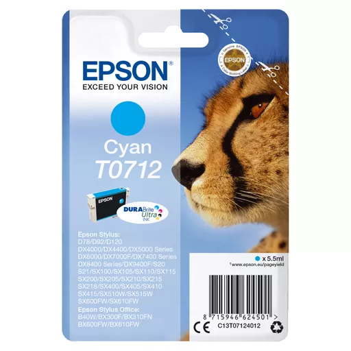 Epson C13T07124012/T0712 Ink cartridge cyan, 345 pages ISO/IEC 19752 5,5ml for Epson Stylus BX 310/600/D 120/D 78/S 20