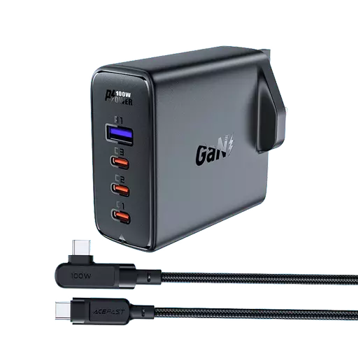 Acefast - 100W GaN Triple USB-C & USB Power Delivery 3-Pin UK Charging Plug & 2m 100W USB-C to USB-C Cable - Black