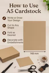 Instructional infographic showing how to use blank kraft card for various craft projects like printing, stamping, and writing.