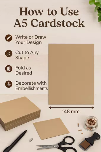 Instructional infographic showing how to use blank kraft card for various craft projects like printing, stamping, and writing.