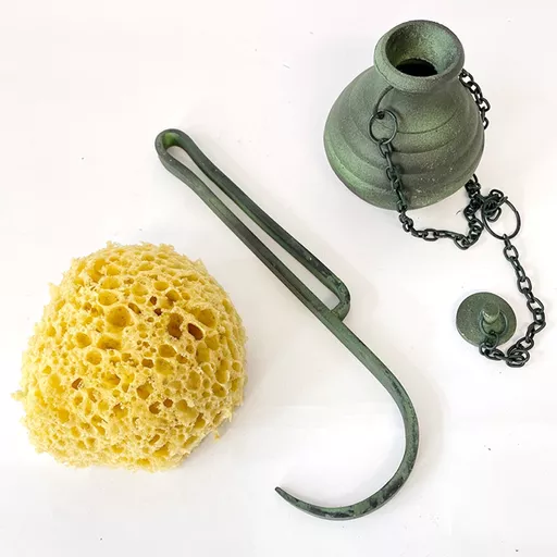 Greek Strigil, Oil Flask and Sponge