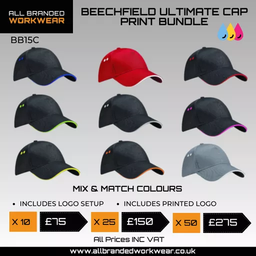 Printed Beechfield Ultimate 5 Panel Cap with Sandwich Peak Bundle