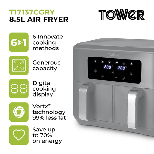Tower Vortx 8.5L Dual Basket Air Fryer Digital With Grey Medium - Image 5