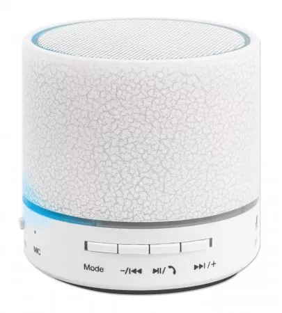 Manhattan LED Bluetooth Speaker (Clearance Pricing), Multicoloured, 5 hour Playback time, Range 10m, microSD card reader (32GB), Aux 3.5mm connector, Output 3W, USB-A charging cable included, 1200mAH battery, Bluetooth v5, White, Three Year Warranty, Boxe