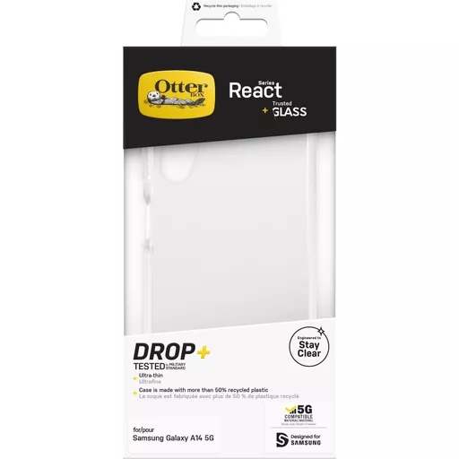 OtterBox Drop Protection Bundle for Galaxy A14 5G; React Clear Case Tested to Military Standard and Trusted Glass Screen Protector 2x Antiscratch Technology